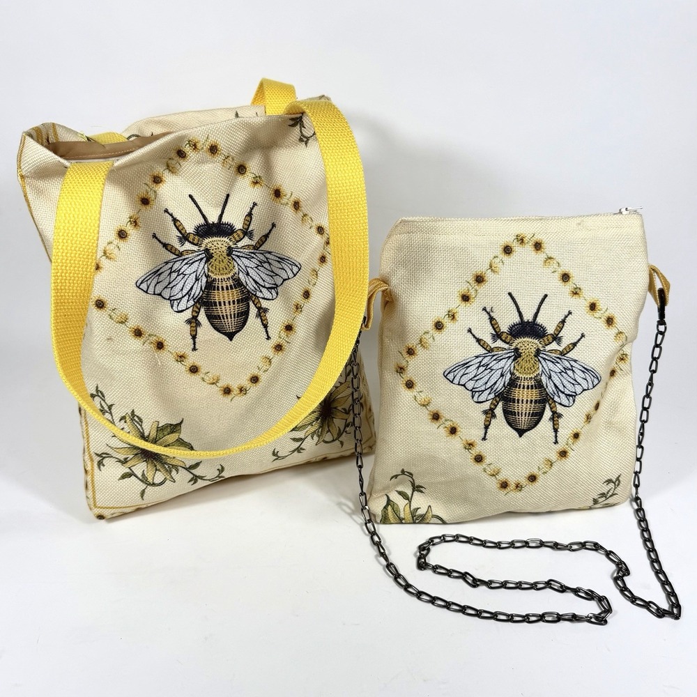Handmade Bee Sunflower Tote & Crossbody Bag Set Cottagecore Floral Purse Boho